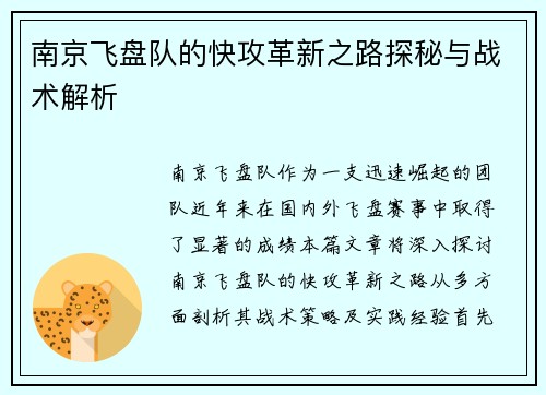 南京飞盘队的快攻革新之路探秘与战术解析